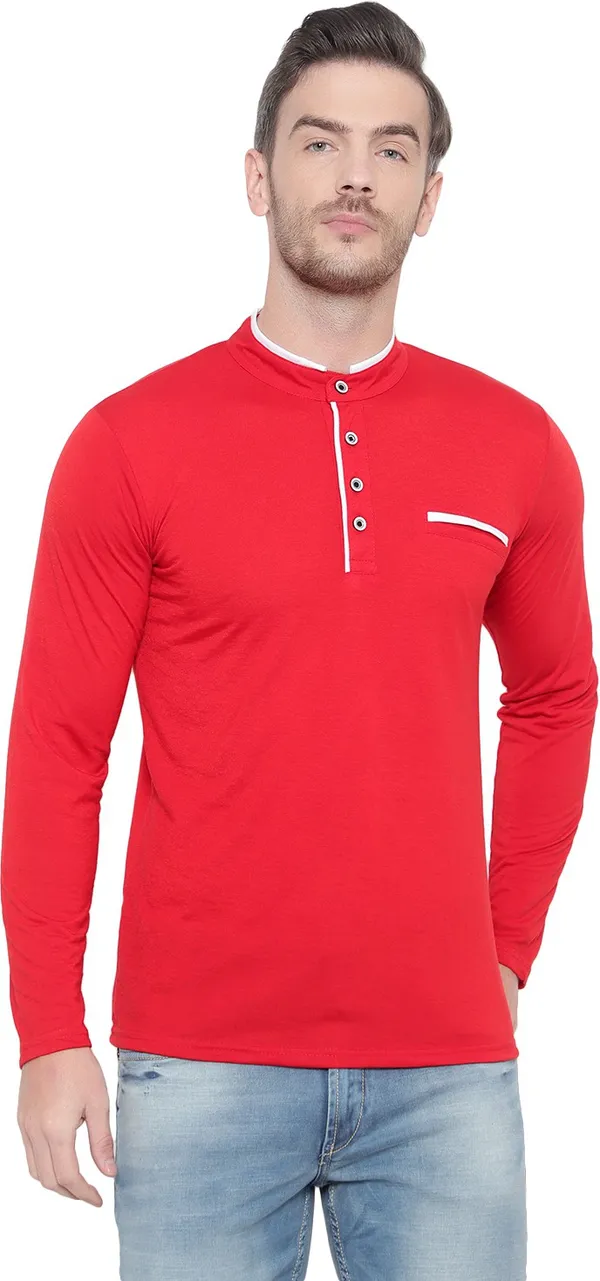 Red__Cotton_Solid_Mandarin_Collar__Regukar_Fit_T-Shirt_For_Men
