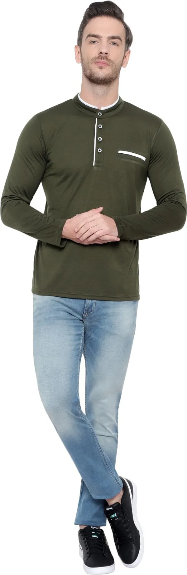 Green_Cotton_Solid_Men_Mandarin_Collar_Regukar_Fit_T-Shirt_For_Men