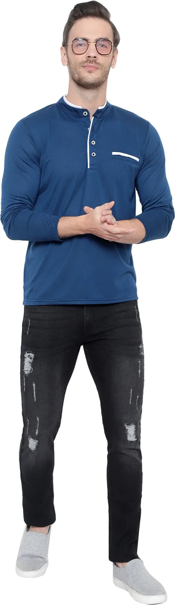 Blue_Cotton_Solid_Men_Mandarin_Collar_Regukar_Fit_T-Shirt_For_Men