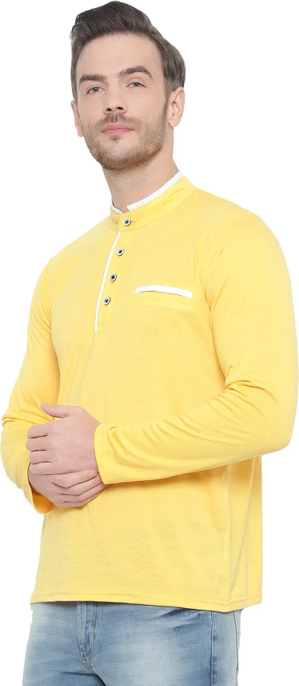 Yellow_Cotton_Solid_Mandarin_Collar_Regukar_Fit_T-Shirt_for_men