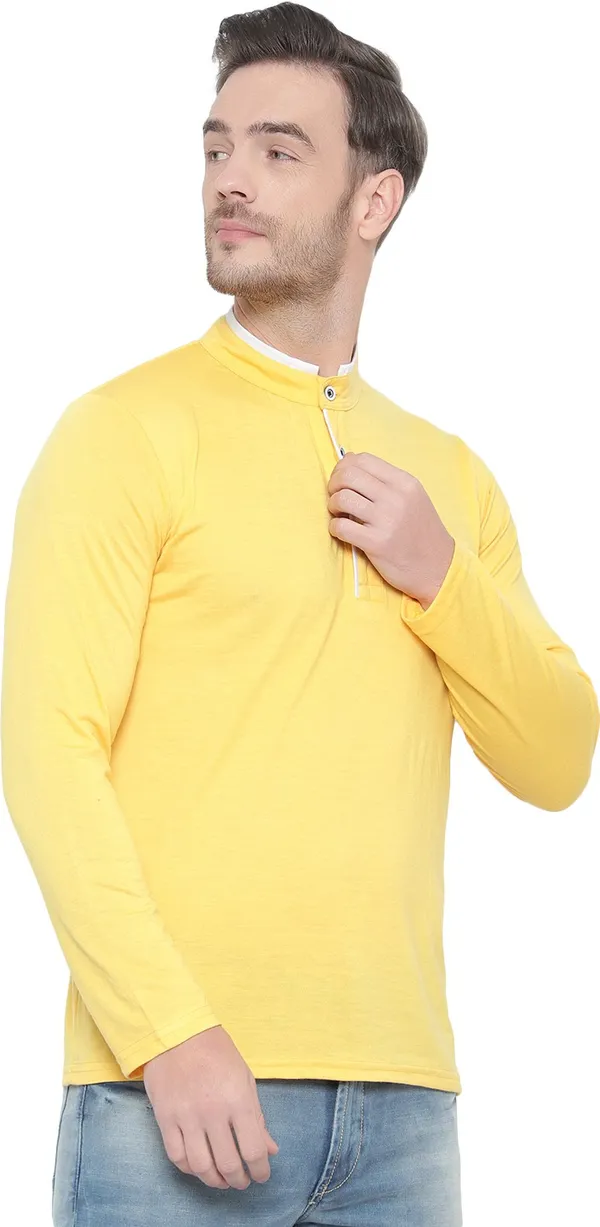 Yellow_Cotton_Solid_Mandarin_Collar_Regukar_Fit_T-Shirt_for_men
