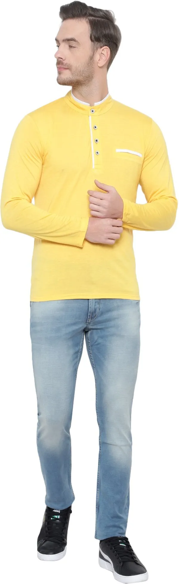 Yellow_Cotton_Solid_Mandarin_Collar_Regukar_Fit_T-Shirt_for_men
