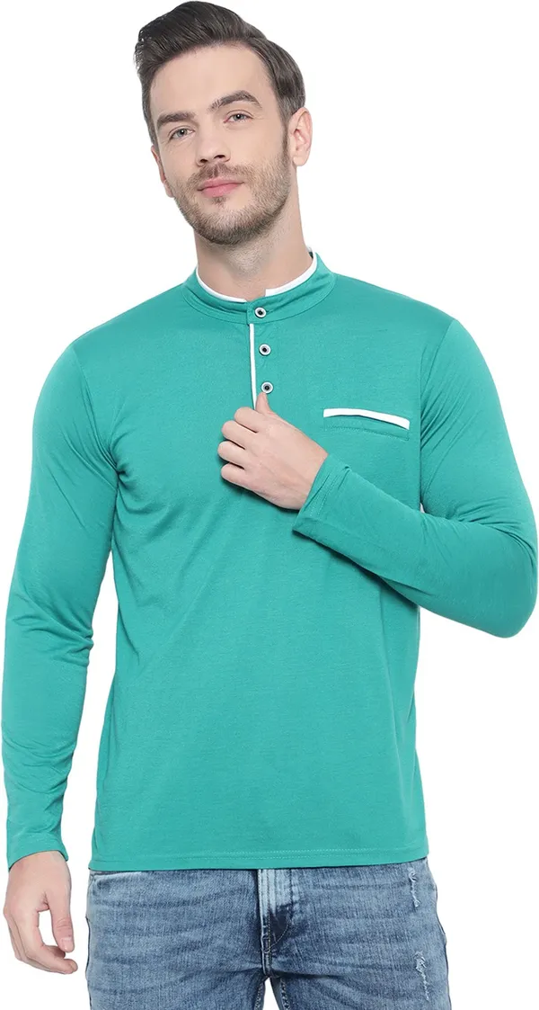 Light_Green_Cotton_Solid_Mandarin_Collar_Regukar_Fit_T-Shirt_For_Men
