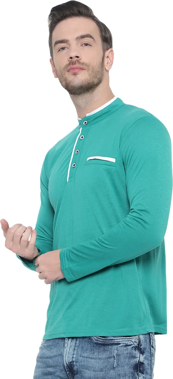 Light_Green_Cotton_Solid_Mandarin_Collar_Regukar_Fit_T-Shirt_For_Men