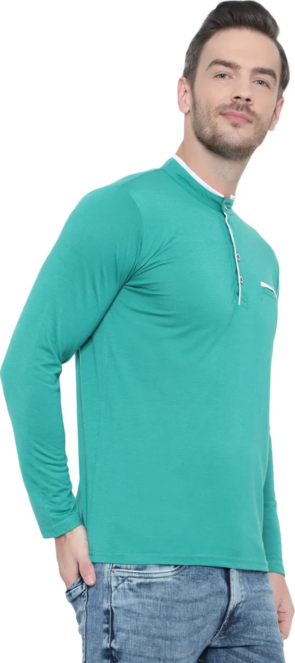 Light_Green_Cotton_Solid_Mandarin_Collar_Regukar_Fit_T-Shirt_For_Men
