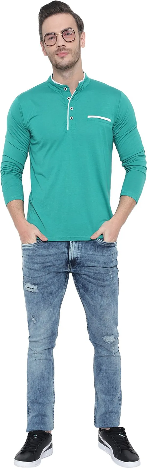 Light_Green_Cotton_Solid_Mandarin_Collar_Regukar_Fit_T-Shirt_For_Men