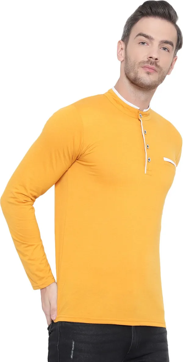 Yellow_Cotton_Solid_Men_Mandarin_Collar_Regukar_Fit_T-Shirt_For_Men
