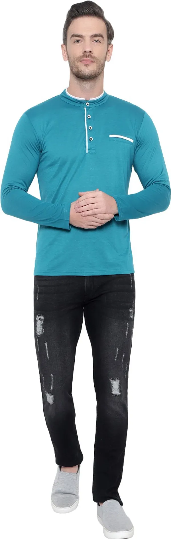 Dark_Blue_Cotton_Solid_Mandarin_Collar_Regukar_Fit_T-Shirt_For_Men