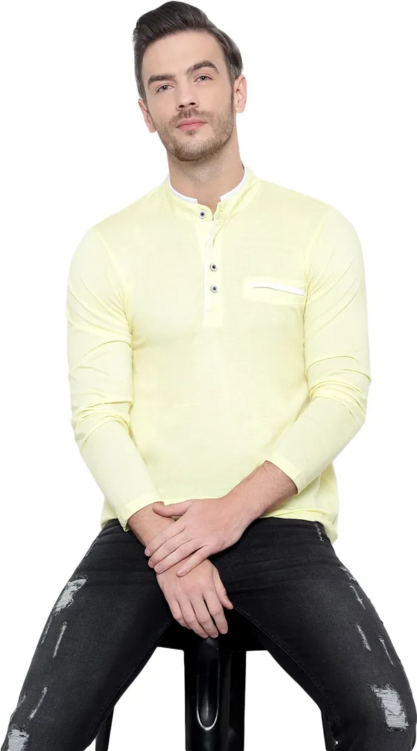Yellow_Cotton_Solid_Mandarin_Collar_Regukar_Fit_T-Shirt_For_Men