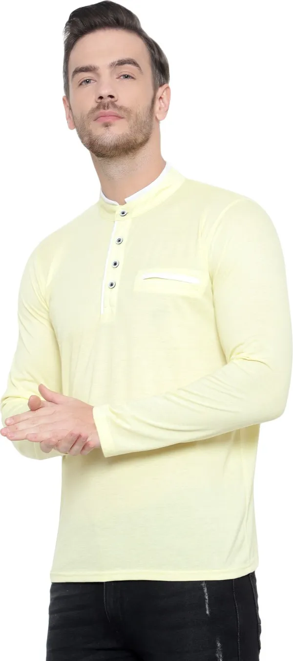 Yellow_Cotton_Solid_Mandarin_Collar_Regukar_Fit_T-Shirt_For_Men