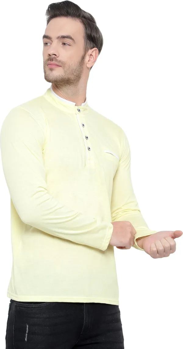 Yellow_Cotton_Solid_Mandarin_Collar_Regukar_Fit_T-Shirt_For_Men