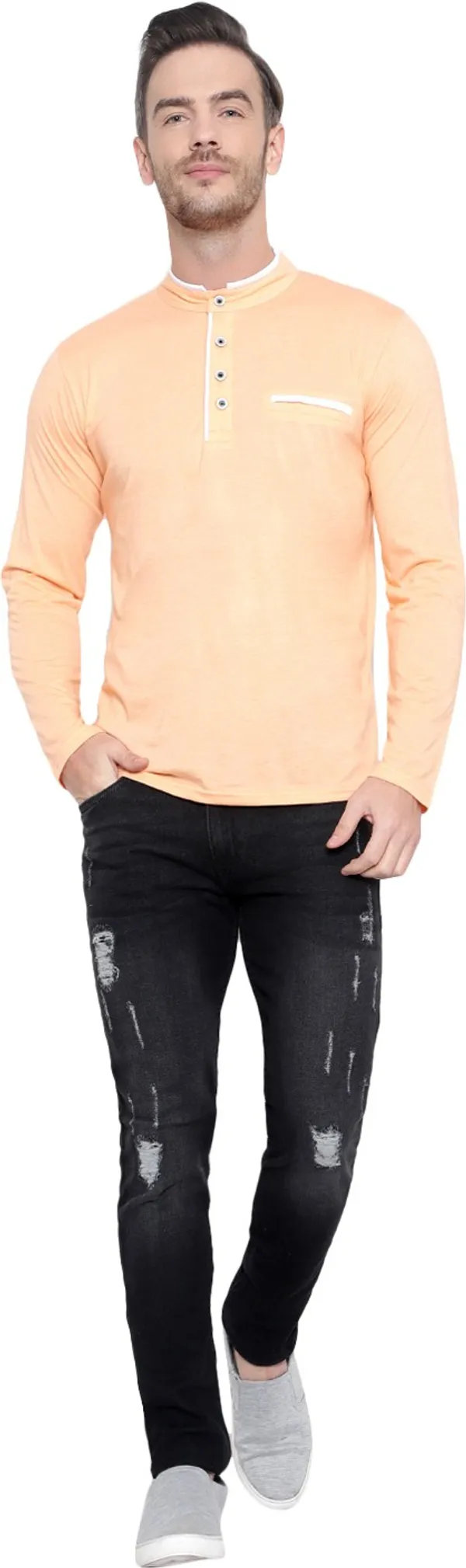 Beige_Cotton_Solid_Mandarin_Collar_Regukar_Fit_T-Shirt_For_Men