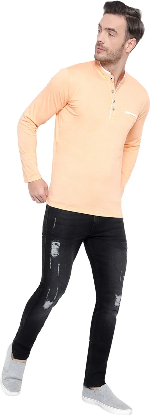 Beige_Cotton_Solid_Mandarin_Collar_Regukar_Fit_T-Shirt_For_Men