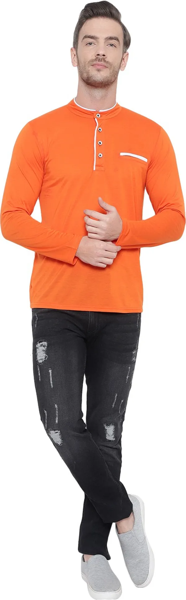 Orange_Cotton_Solid_Mandarin_Collar_Regukar_Fit_T-Shirt_For_Men