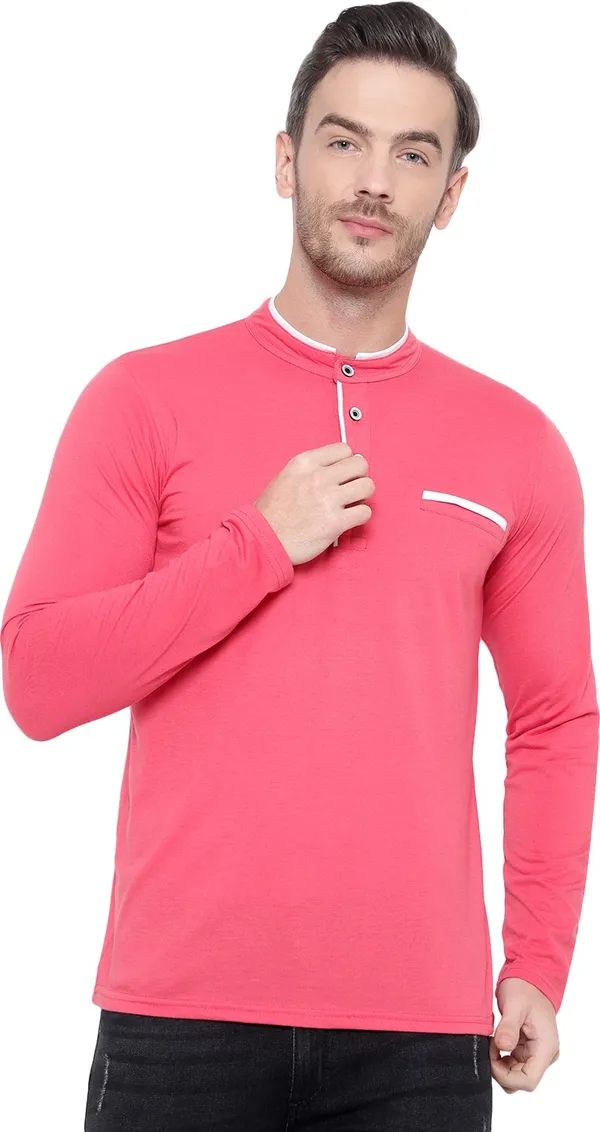 Pink_Striped_Men_Mandarin_Collar_Regukar_Fit_T-Shirt_For_Men