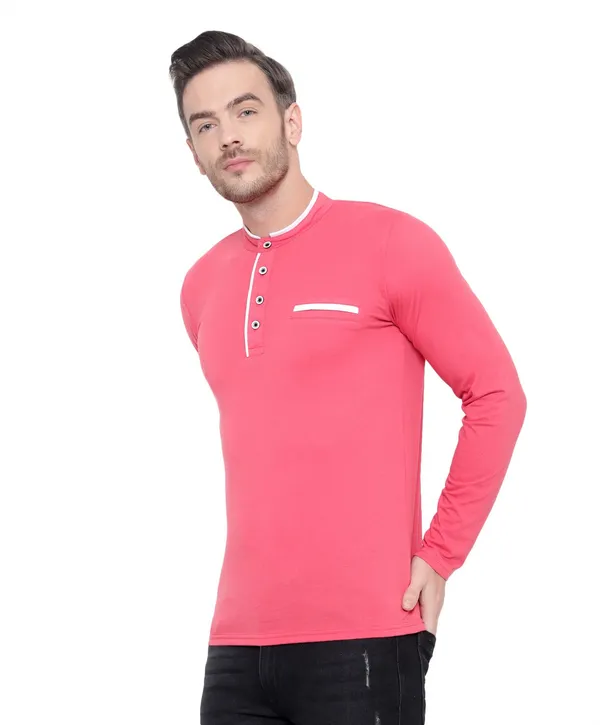 Pink_Striped_Men_Mandarin_Collar_Regukar_Fit_T-Shirt_For_Men