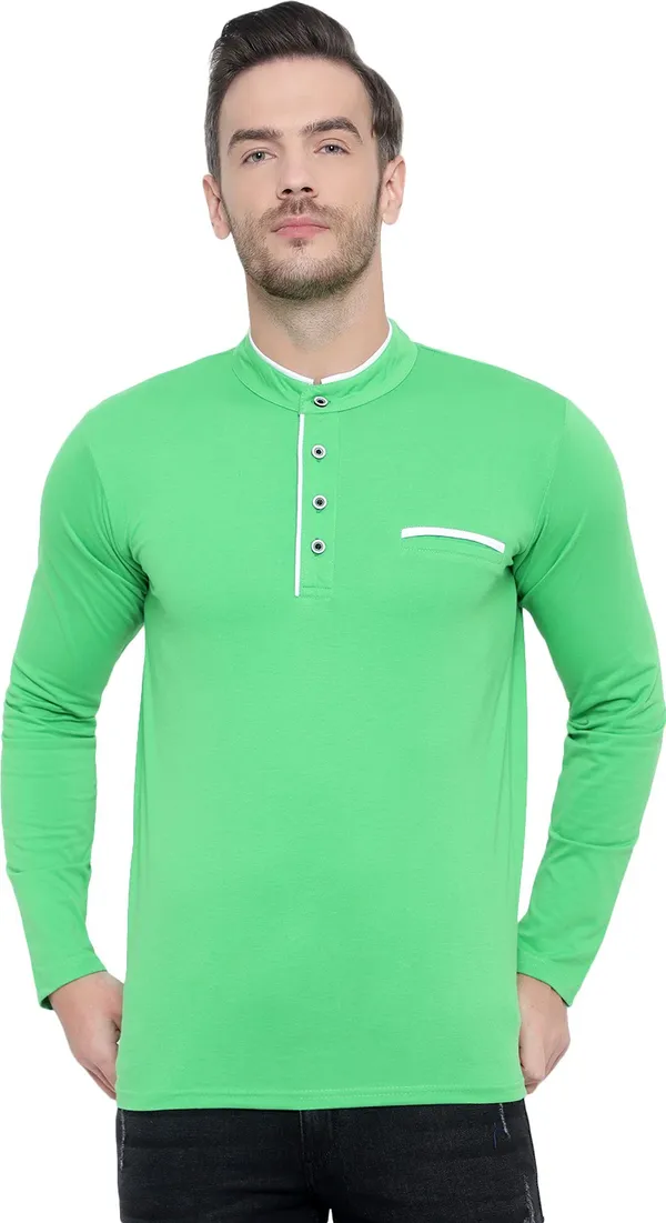 Green_Cotton_Solid_Mandarin_Collar_Regukar_Fit_T-Shirt_For_Men