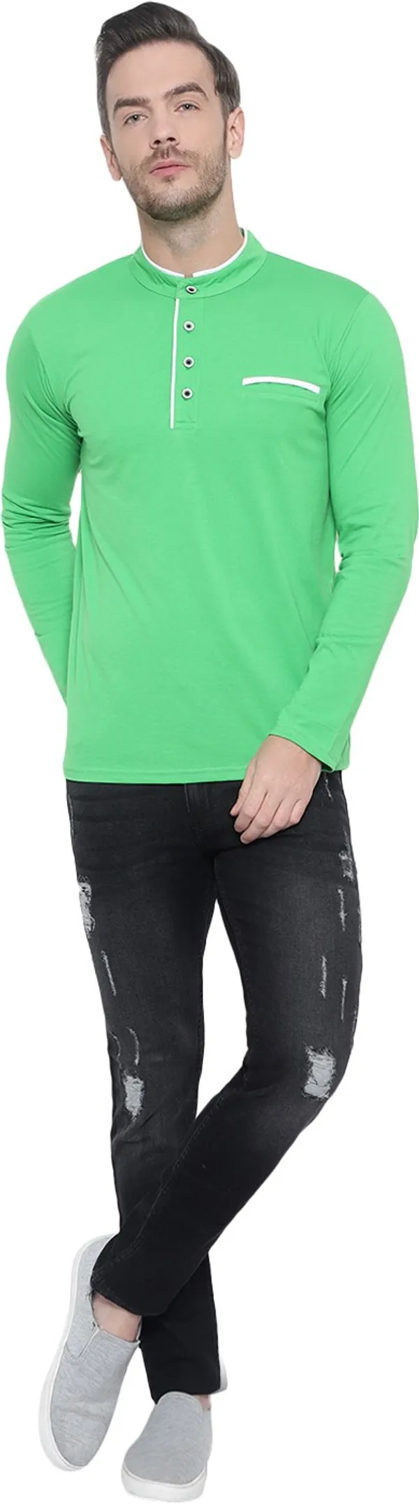 Green_Cotton_Solid_Mandarin_Collar_Regukar_Fit_T-Shirt_For_Men
