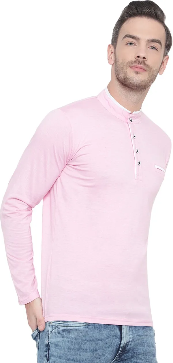 Pink_Cotton_Solid_Men_Mandarin_Collar_Regukar_Fit_T-Shirt_For_Men