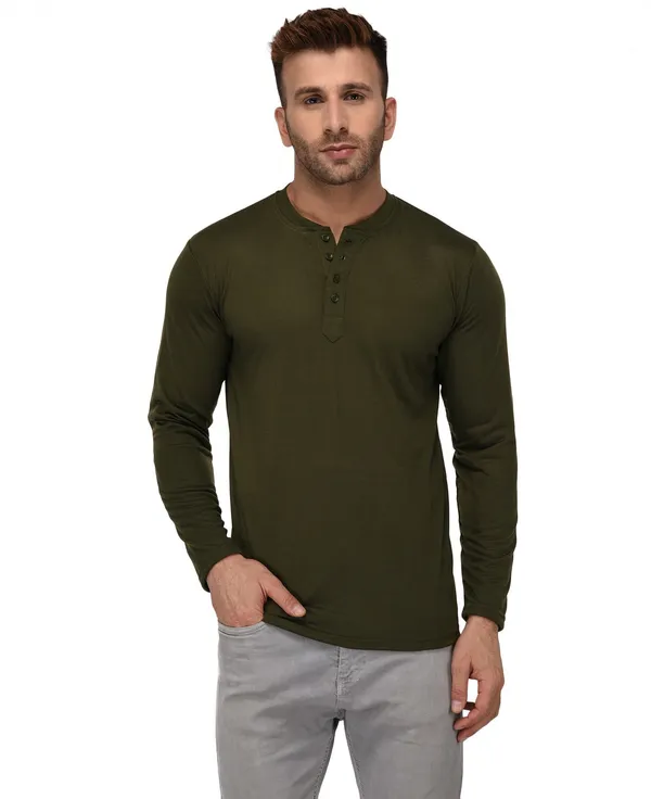 Dark_Green_Cotton_Solid_Henley_Neck_Regukar_Fit_T-Shirt_For_Men