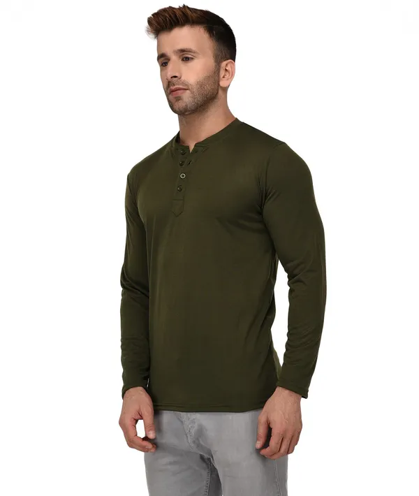 Dark_Green_Cotton_Solid_Henley_Neck_Regukar_Fit_T-Shirt_For_Men