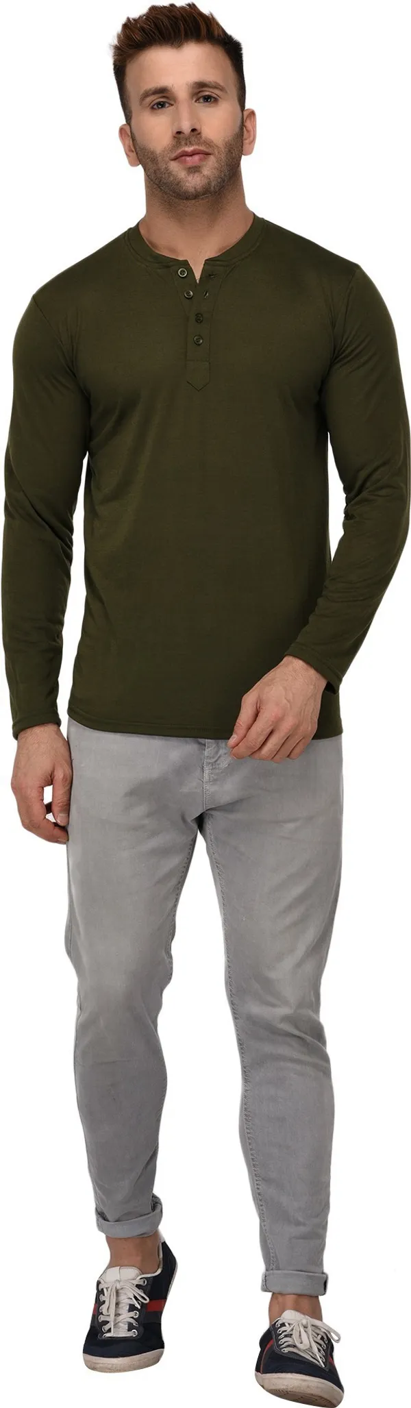 Dark_Green_Cotton_Solid_Henley_Neck_Regukar_Fit_T-Shirt_For_Men