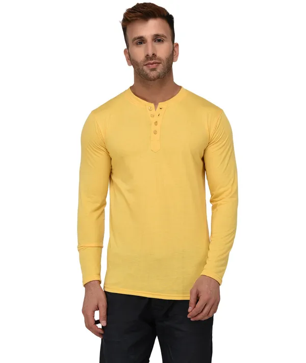 Yellow_Cotton_Solid_Henley_Neck_Regukar_Fit_T-Shirt_For_Men