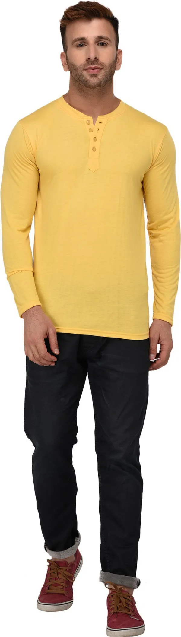 Yellow_Cotton_Solid_Henley_Neck_Regukar_Fit_T-Shirt_For_Men