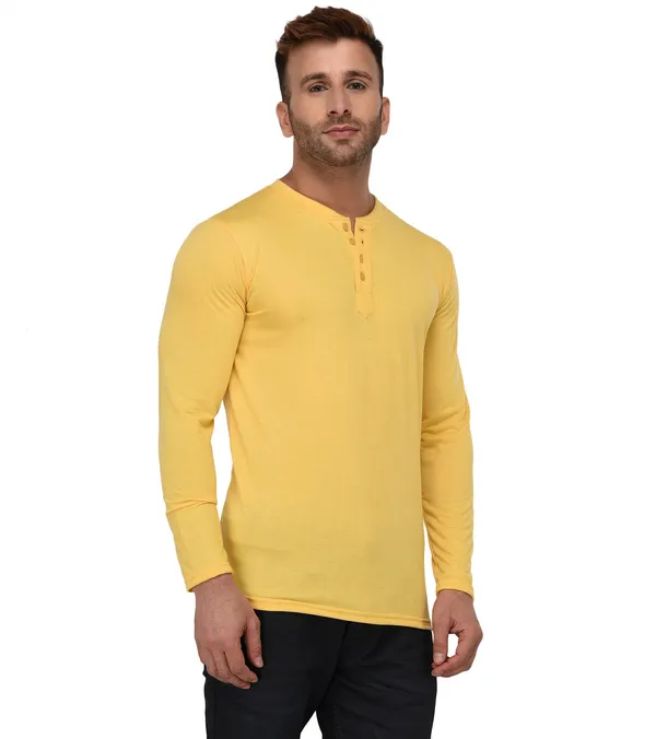 Yellow_Cotton_Solid_Henley_Neck_Regukar_Fit_T-Shirt_For_Men