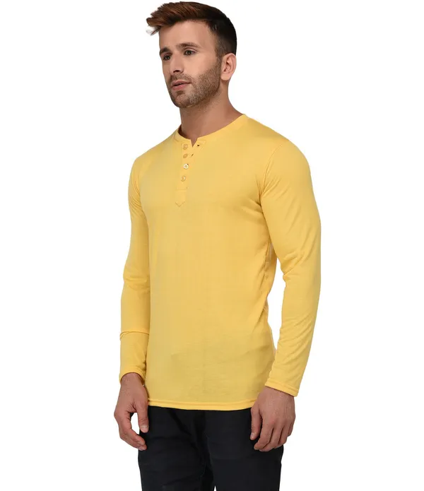 Yellow_Cotton_Solid_Henley_Neck_Regukar_Fit_T-Shirt_For_Men