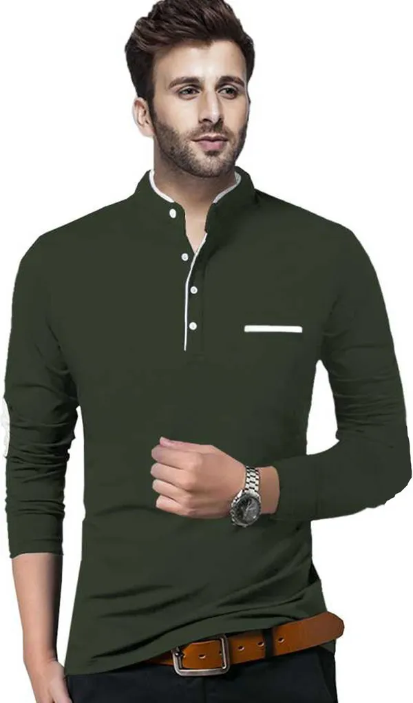 Dark_Green_Solid_Cotton_T-Shirt_for_Men_|_Mandarin_Collar,_Regular_Fit