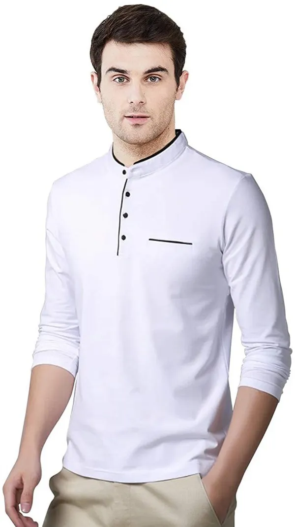White_F_Gallery_Cotton_Solid_Mandarin_Collar_Regukar_Fit_T-Shirt_For_Men