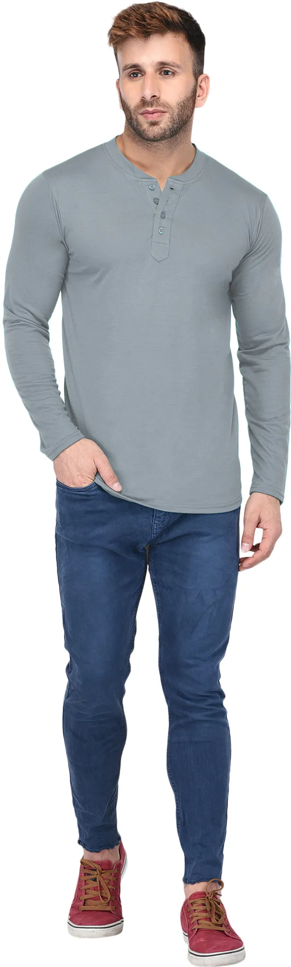 Yellow_Cotton_Solid_Henley_Neck_Regukar_Fit_T-Shirt_For_Men