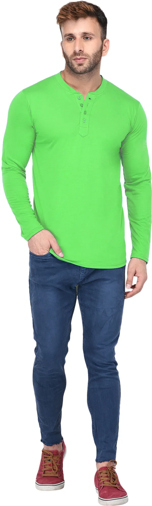Yellow_Cotton_Solid_Henley_Neck_Regukar_Fit_T-Shirt_For_Men