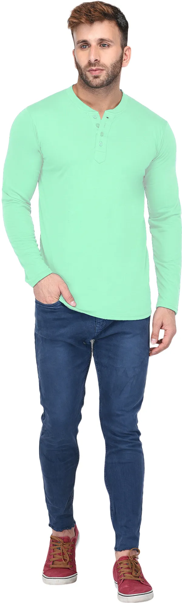 Yellow_Cotton_Solid_Henley_Neck_Regukar_Fit_T-Shirt_For_Men