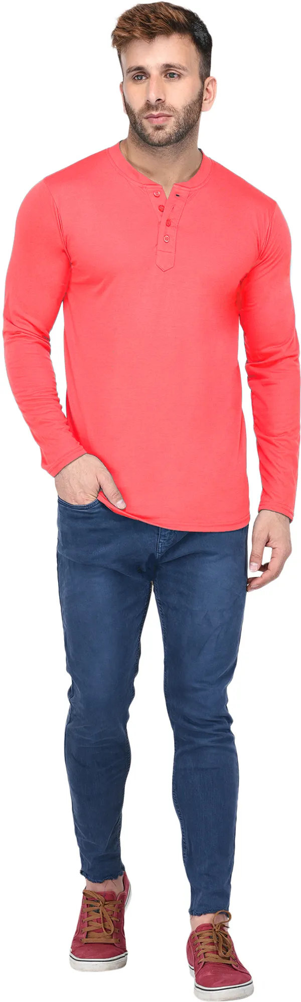 Red_Cotton_Solid_Henley_Neck_Regukar_Fit_T-Shirt_For_Men