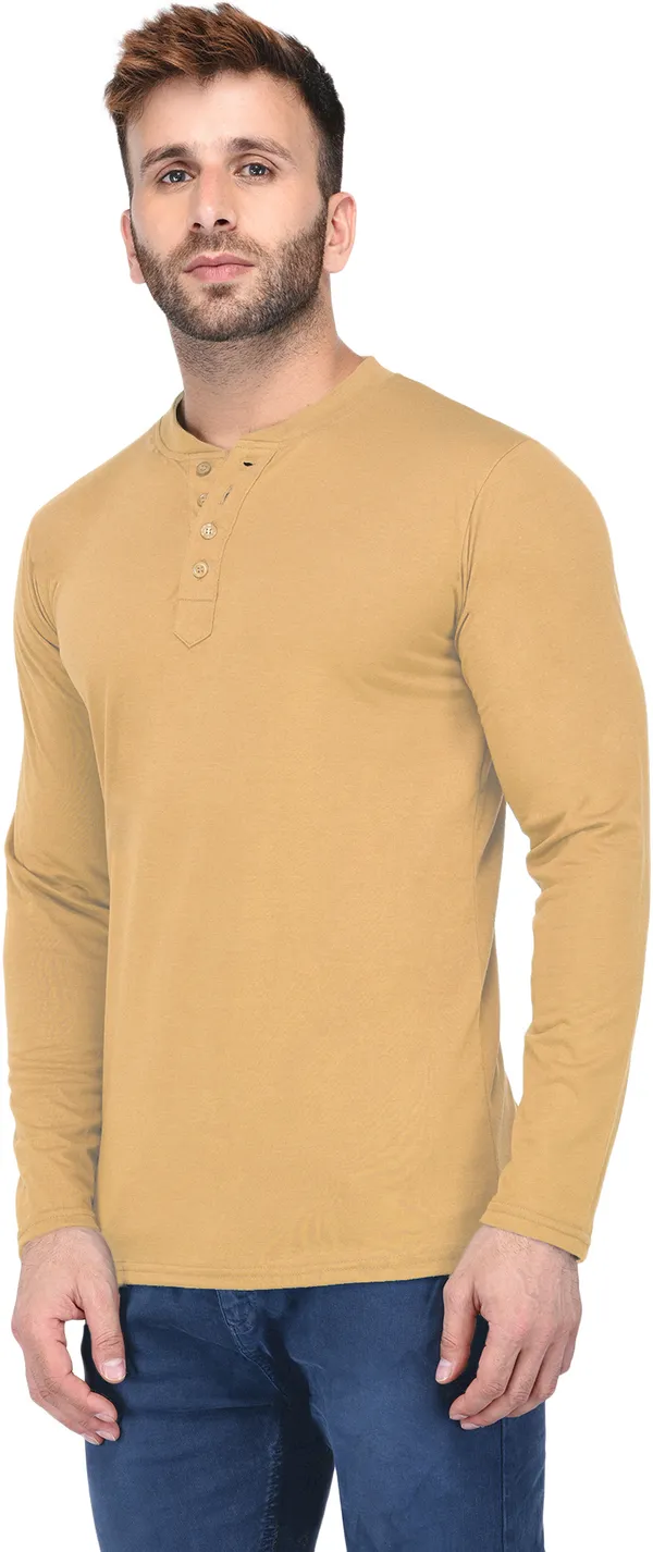 Yellow_Cotton_Solid_Henley_Neck_Regukar_Fit_T-Shirt_For_Men