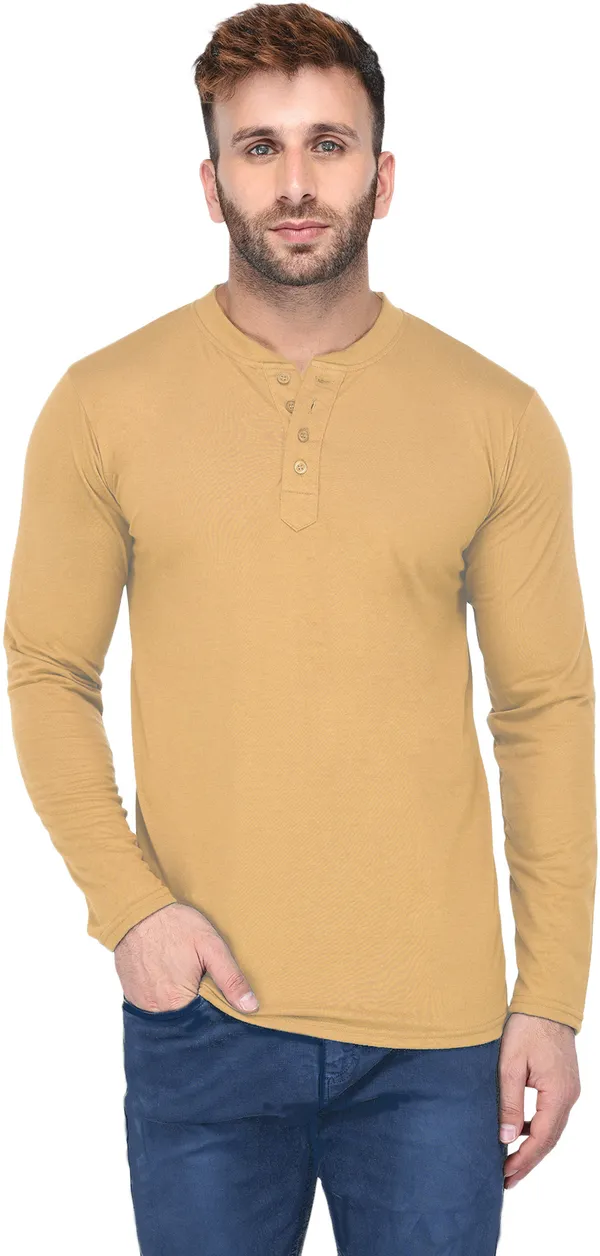 Yellow_Cotton_Solid_Henley_Neck_Regukar_Fit_T-Shirt_For_Men