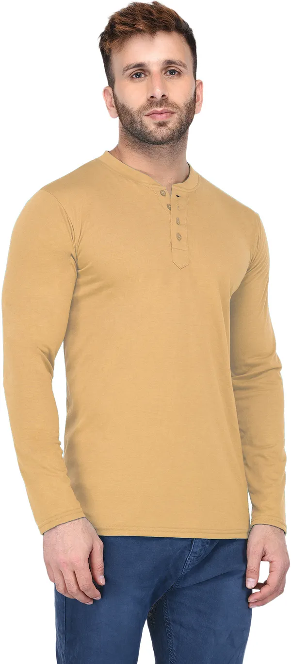 Yellow_Cotton_Solid_Henley_Neck_Regukar_Fit_T-Shirt_For_Men