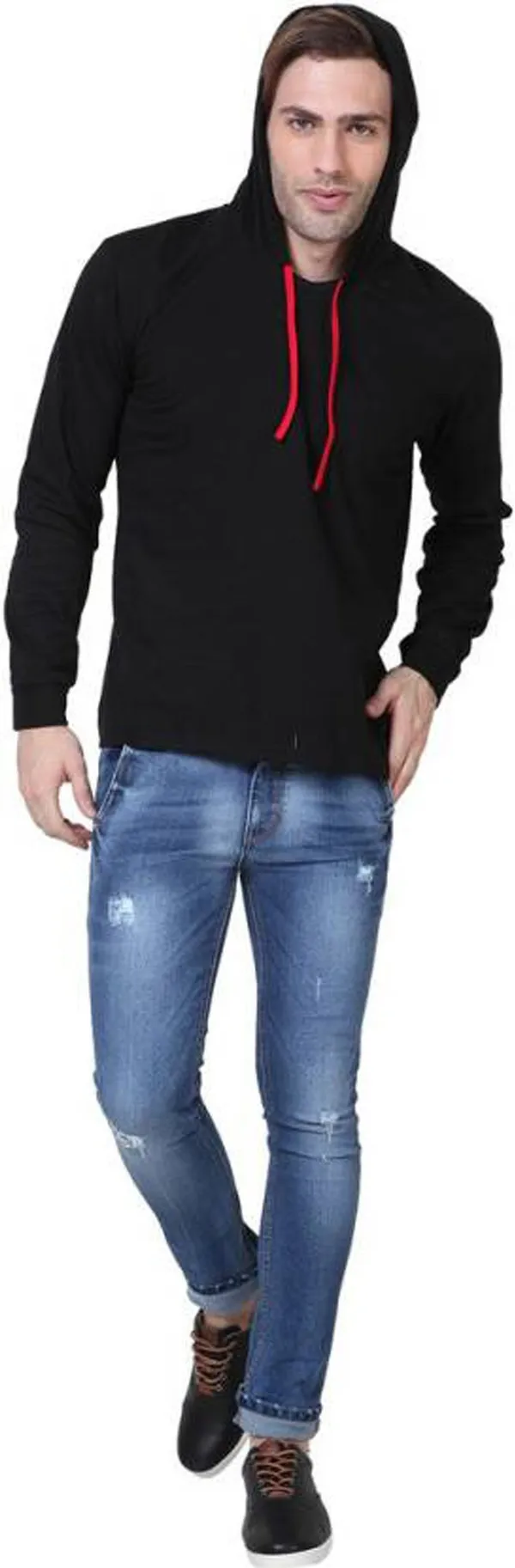 Black_Cotton_Solid_Hooded_Neck_Regukar_Fit_T-Shirt_For_Men