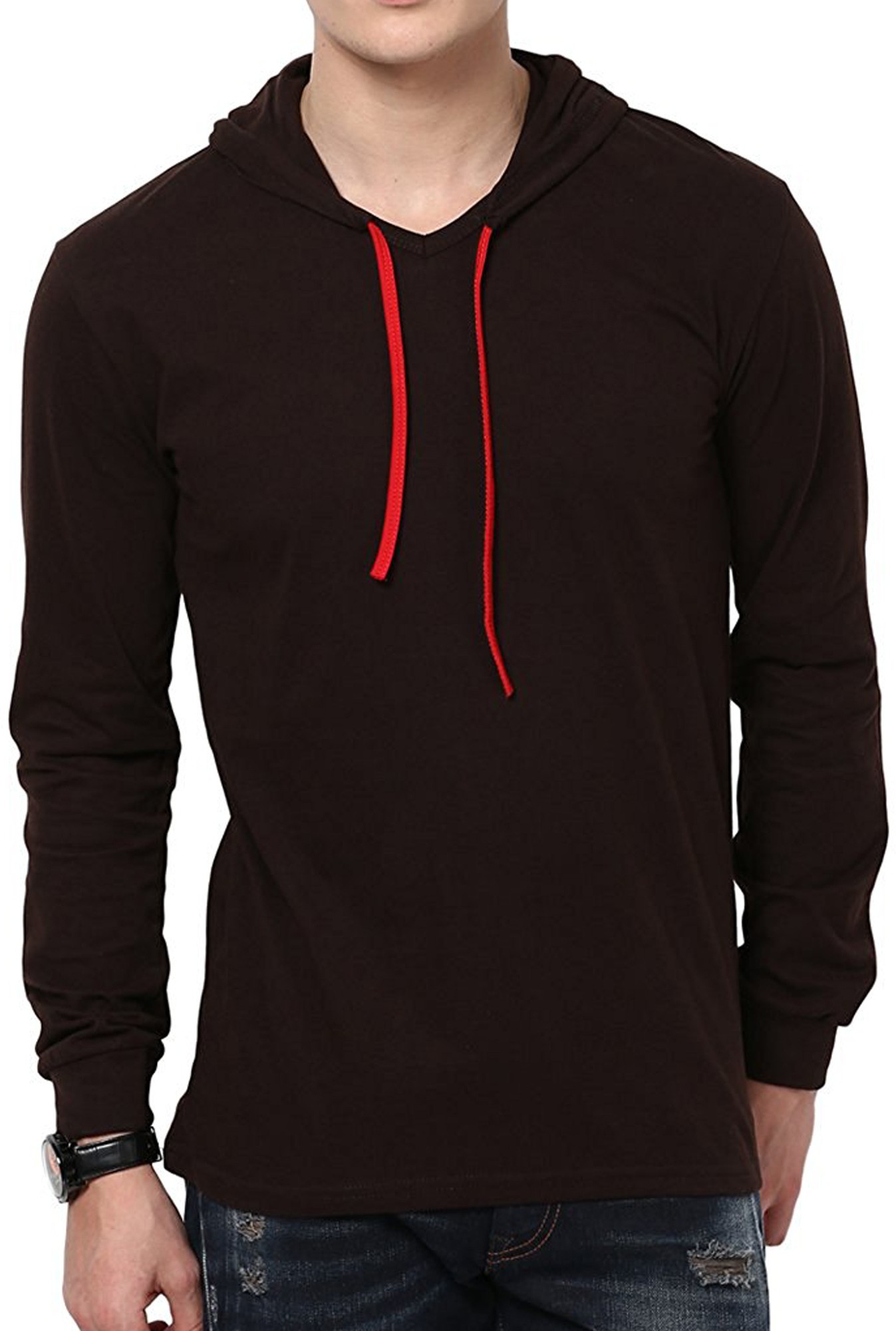 Brown_Cotton_Solid_Hooded_Neck_Regukar_Fit_T-Shirt_For_Men