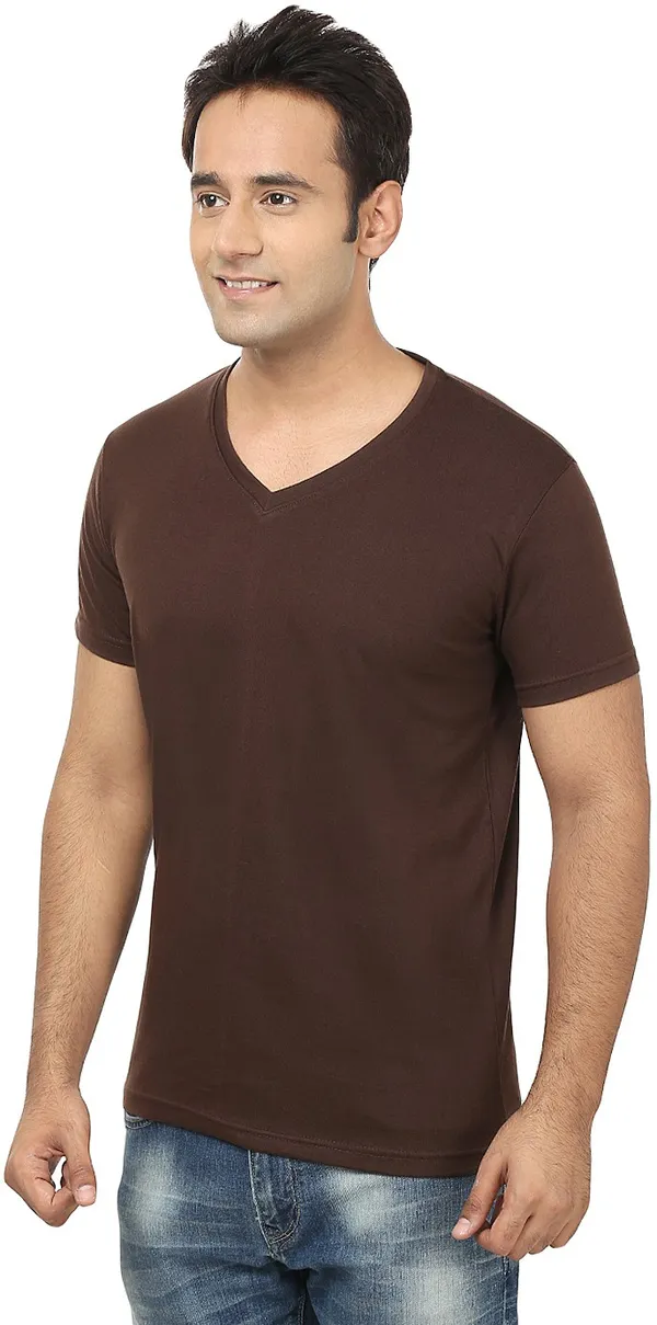 Brown_Cotton_Solid_V_Neck_Regukar_Fit_T-Shirt_For_Men