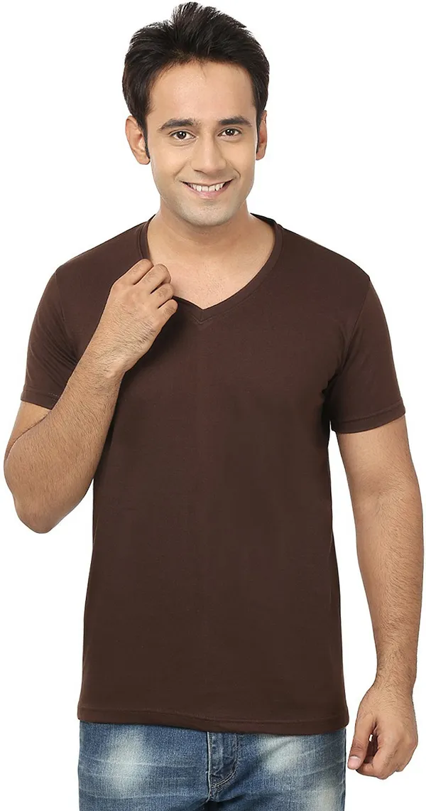 Brown_Cotton_Solid_V_Neck_Regukar_Fit_T-Shirt_For_Men