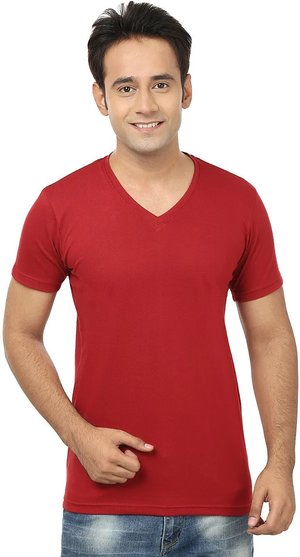 Red__Cotton_Solid_V_Neck__Regukar_Fit_T-Shirt_For_Men
