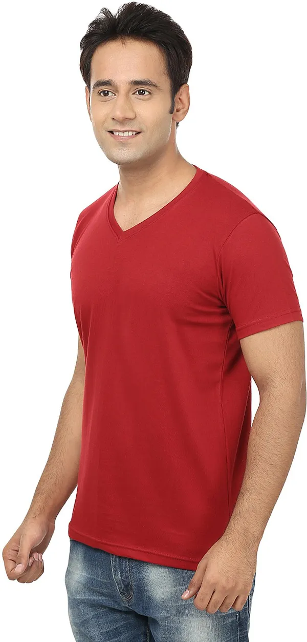 Red__Cotton_Solid_V_Neck__Regukar_Fit_T-Shirt_For_Men