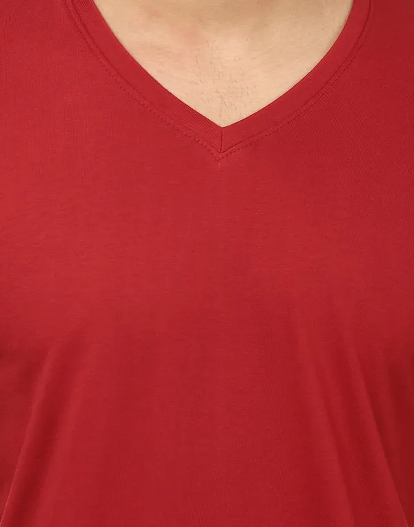 Red__Cotton_Solid_V_Neck__Regukar_Fit_T-Shirt_For_Men