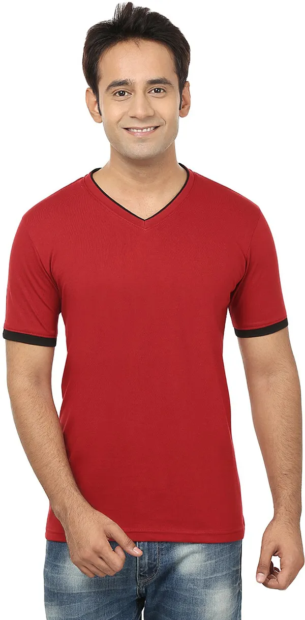 Red__Cotton_Solid_V_Neck__Regukar_Fit_T-Shirt_For_Men