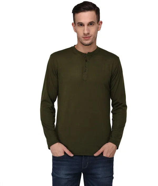 Dark_Green_Cotton_Solid_Henley_Neck_Regukar_Fit_T-Shirt_For_Men