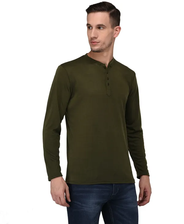 Dark_Green_Cotton_Solid_Henley_Neck_Regukar_Fit_T-Shirt_For_Men