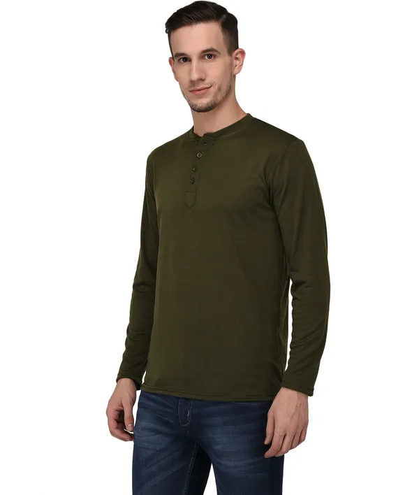 Dark_Green_Cotton_Solid_Henley_Neck_Regukar_Fit_T-Shirt_For_Men